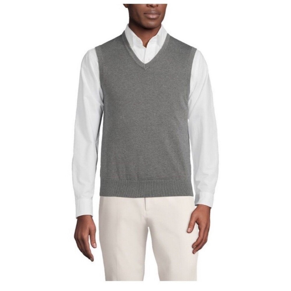 Lands End Mens 100% Supima Cotton V Neck Pullover Sweater Vest Gray Size Medium